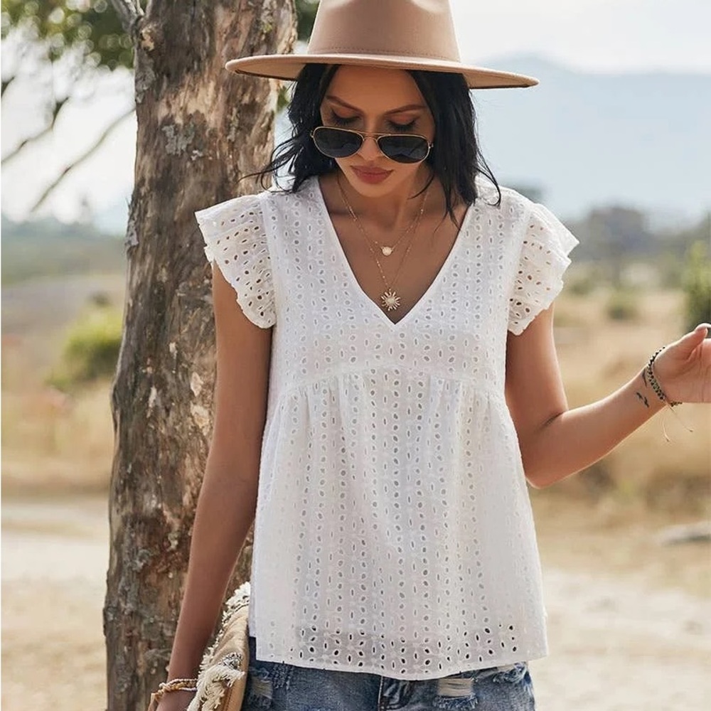 Babydoll Eyelet V-Neck Blouse